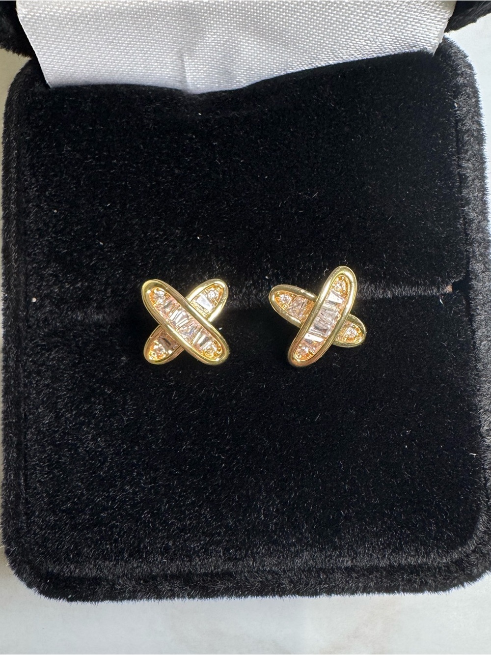 Gold Crisscross Stud Earrings with Crystal Inlay
